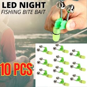 10x LED Night Fishing Bait Bite Alarm Twin 2 Bells Light Rod Tip Clip Alert Ring (Color: Green, Model: Fish Alarm Bell)